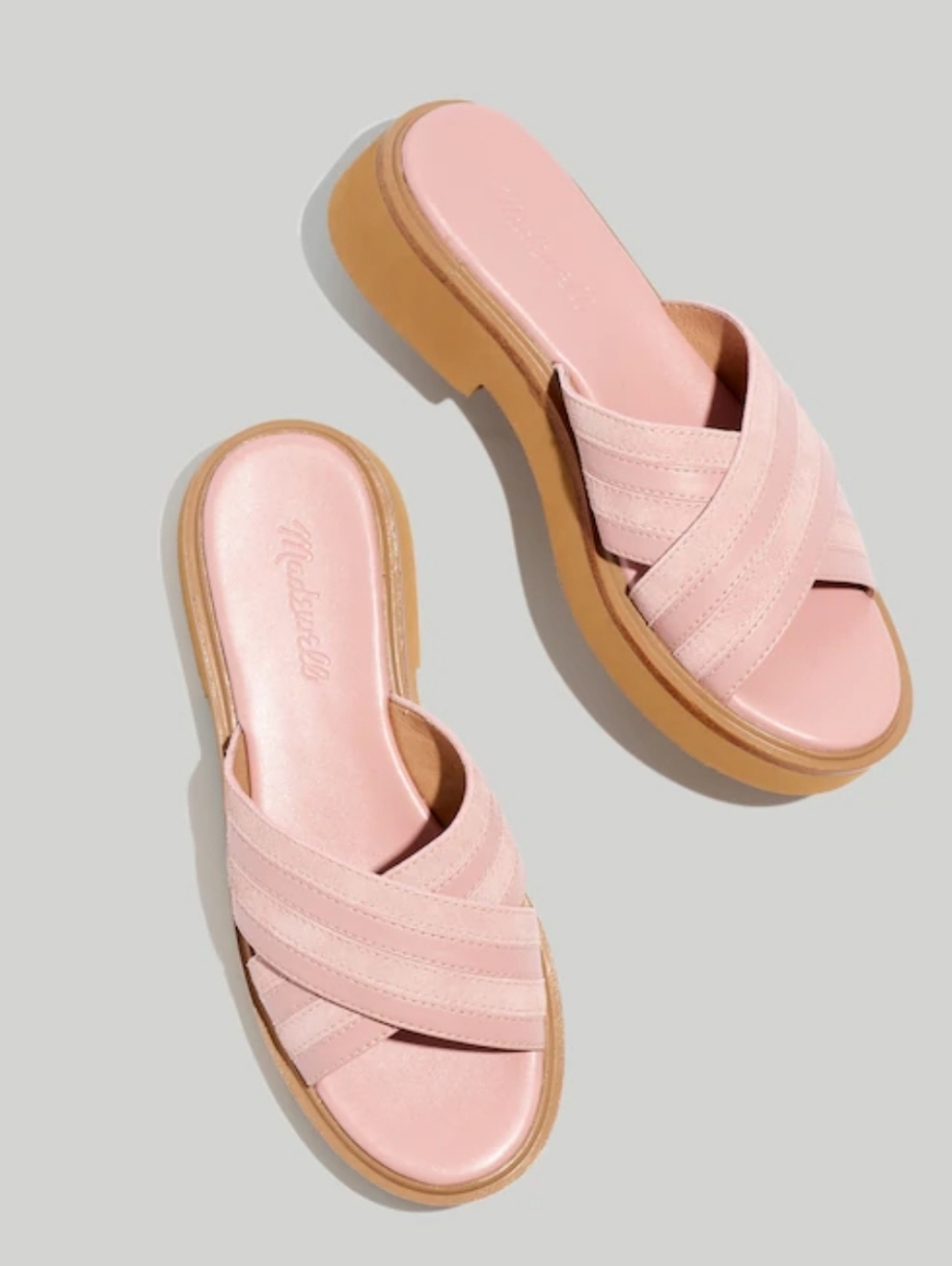Madewell Pink Crisscross Slide Mules with Tan Platform